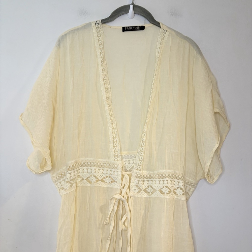 FANCYINN Cream Crochet Tie Accent Swimsuit Coverup Short Sleeve Scoop Neck M - Picture 3 of 6